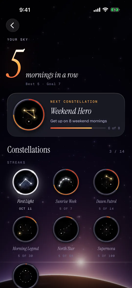 Streak screen with a five-morning streak and constellation medals